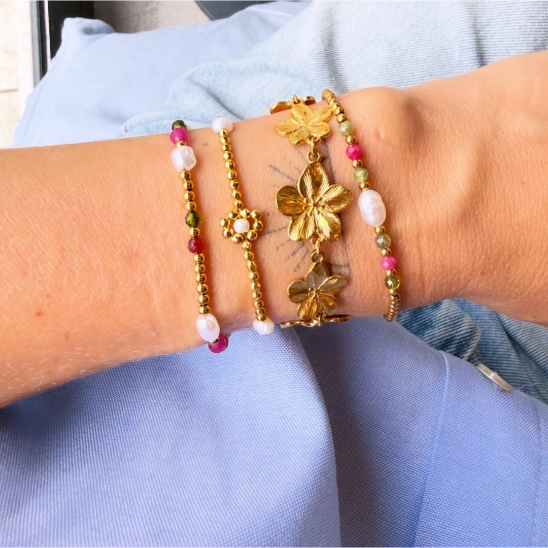 Armband - Perlen und Gänseblümchen - Gold/Weiß