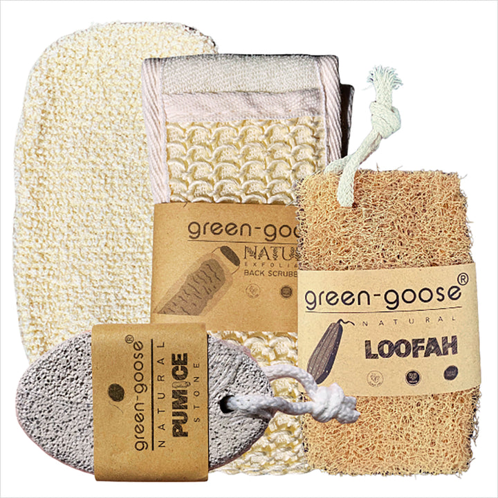 Pflege-Set MAMORE - Peelinghandschuh + Rückenschrubber + Loofah Schwamm + Bimsstein