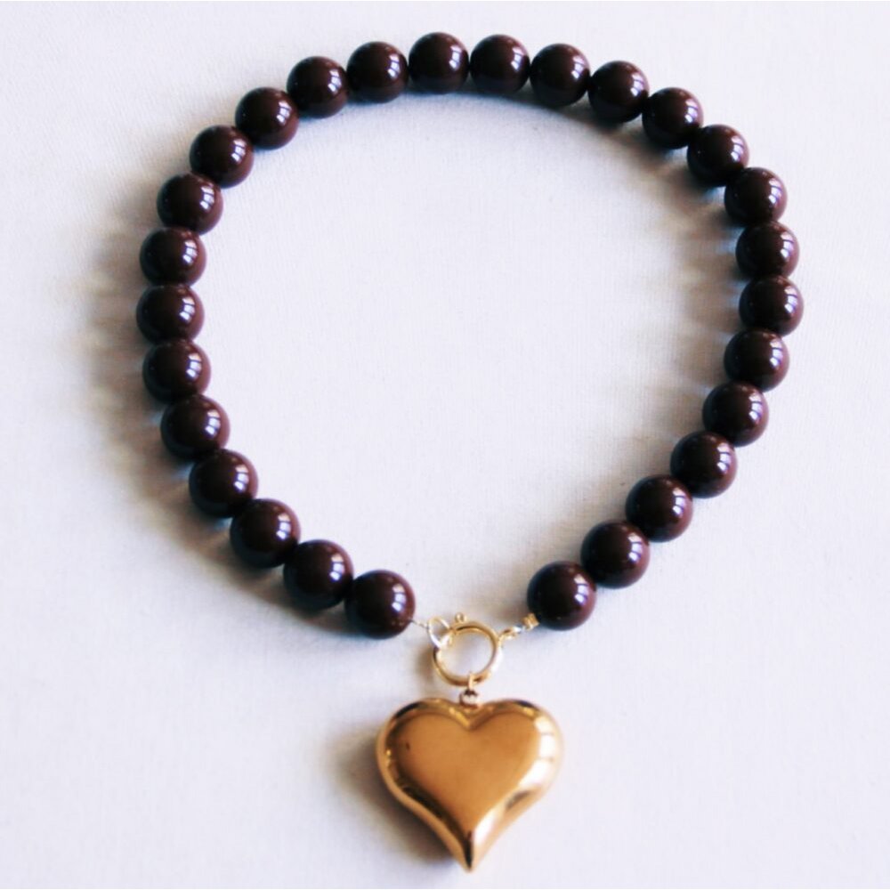 Halskette - Charm HEART Gold - Perlenkette XXL Dunkelbraun