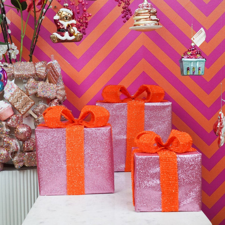 LED Weihnachtsdeko / Geschenkboxen – Rosa/Orange – 3er-Set