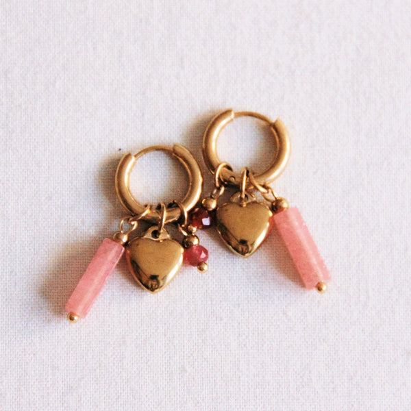 Ohrringe - Mini Creole Gold - Charms HEART & STONES Rosa