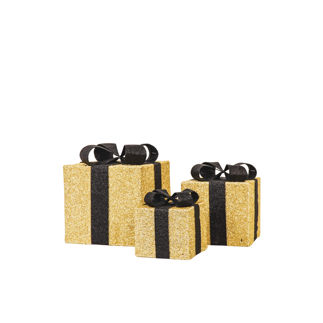 LED Weihnachtsdeko / Geschenkboxen – Gold/Schwarz – 3er-Set
