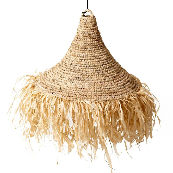 Boho Lampenschirm RUMBAI - Lampe mit Raffia Bast Fransen