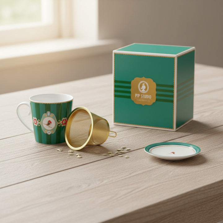 Tea for One LOVE BIRDS MEDALLION Stripes GREEN