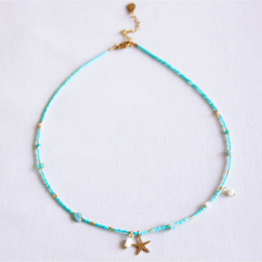 Halskette - Miyuki - Charms STARFISH & PEARLS - Facetten Mint/Türkis