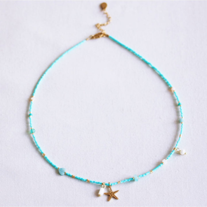 Halskette - Miyuki - Charms STARFISH & PEARLS - Facetten Mint/Türkis