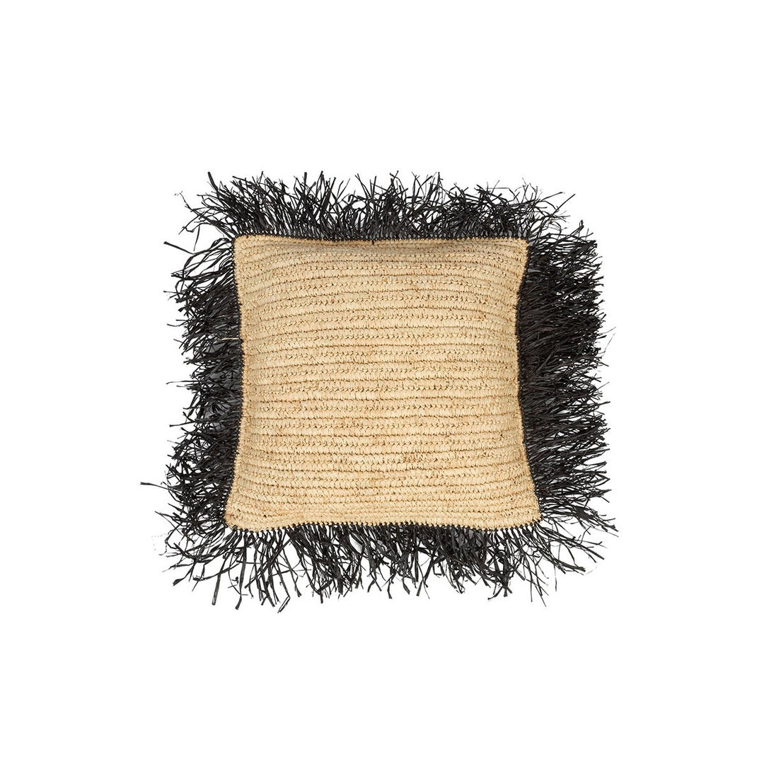 RAFFIA Kissenbezug - Natur Bast mit schwarzen Fransen 40x40