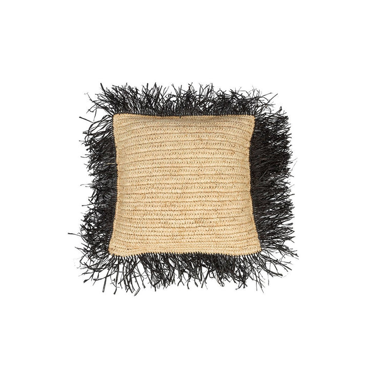 RAFFIA Kissenbezug - Natur Bast mit schwarzen Fransen 40x40