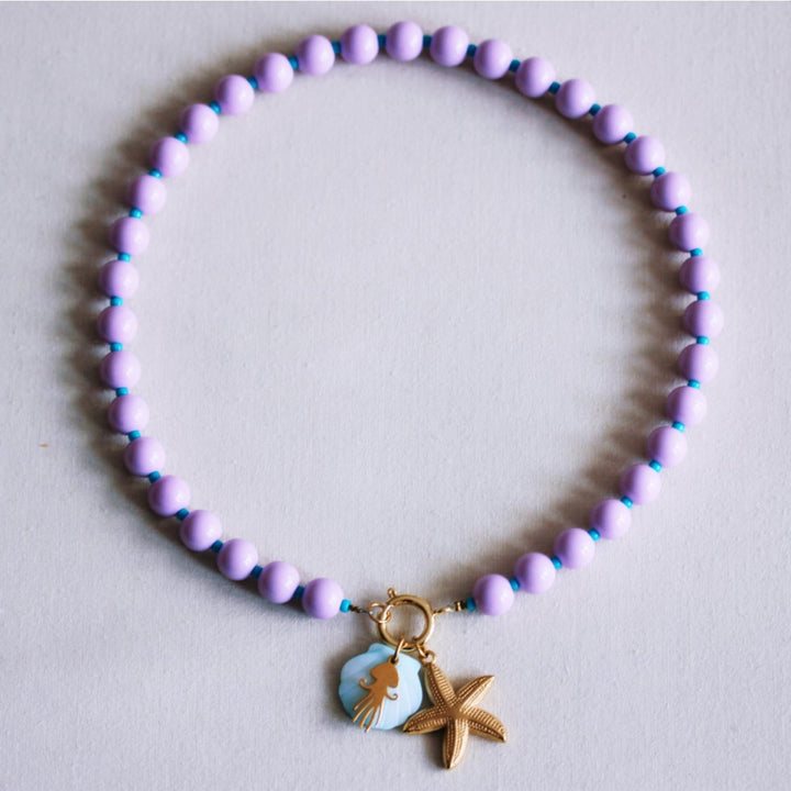 Halskette - Miyuki-Perlenkette XL - Flieder/Aqua mit Charms