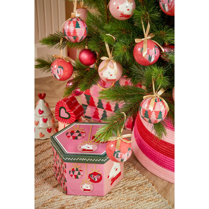 Geschenkset Weihnachtskugeln - 14 Stück - Ø8 cm - Rosa, Dunkelgrün