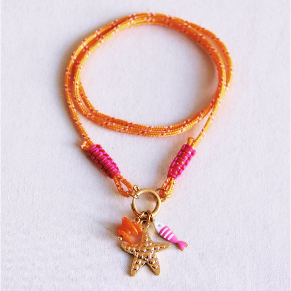 Halskette - Satinband - Charms SURF - Orange/Pink Gold