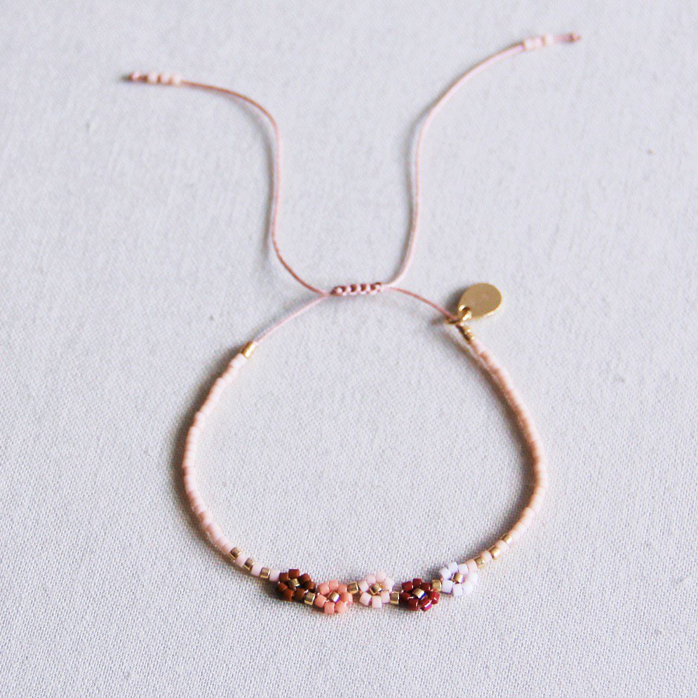 Armband - Miyuki-Perlen - 5 Mini-Blümchen - Nude/Rosa-Mix