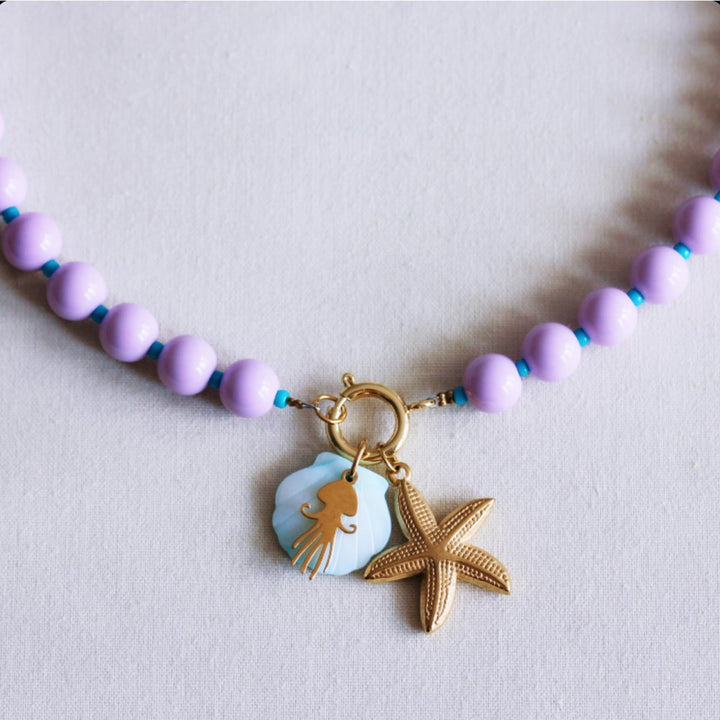 Halskette - Miyuki-Perlenkette XL - Flieder/Aqua mit Charms