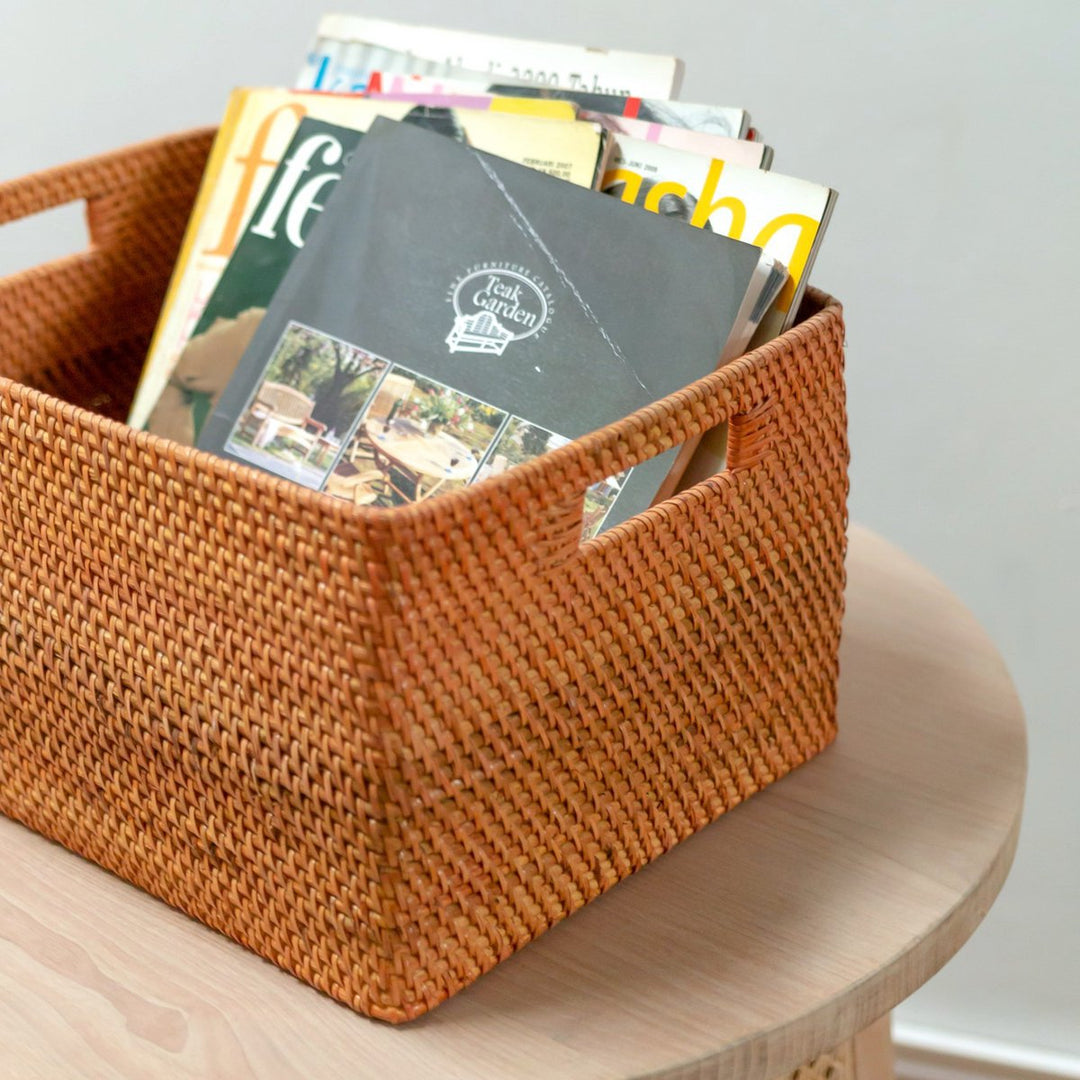 Regalkorb WARSA – Handgefertigter Rattan-Aufbewahrungskorb mit Griffen - Boho Dekokorb