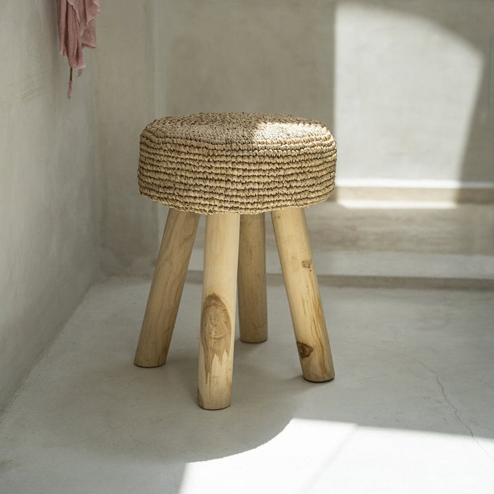 RAFFIA Hocker - Bast & Teakholz Natur