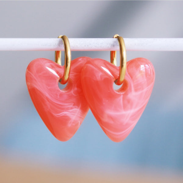 Ohrringe - RESIN HEART XL Koralle - Creole Gold