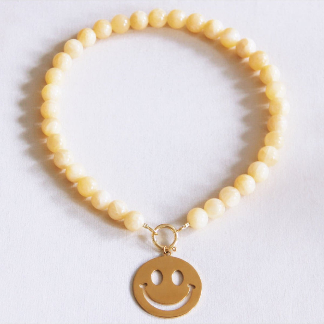 Halskette - Charm SMILEY Gold - Perlenkette XL Hellgelb
