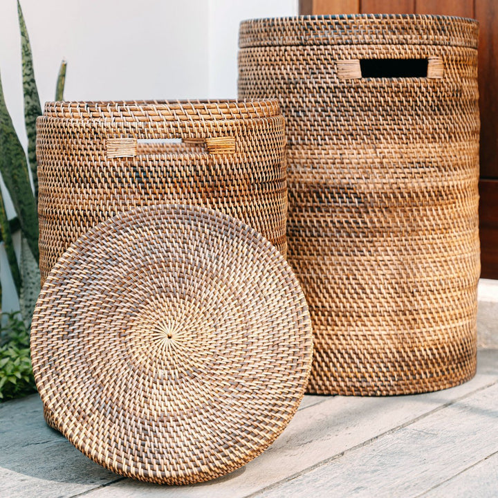 Boho Aufbewahrungskorb SARI - Handgefertigter Wäschekorb mit Deckel - braun