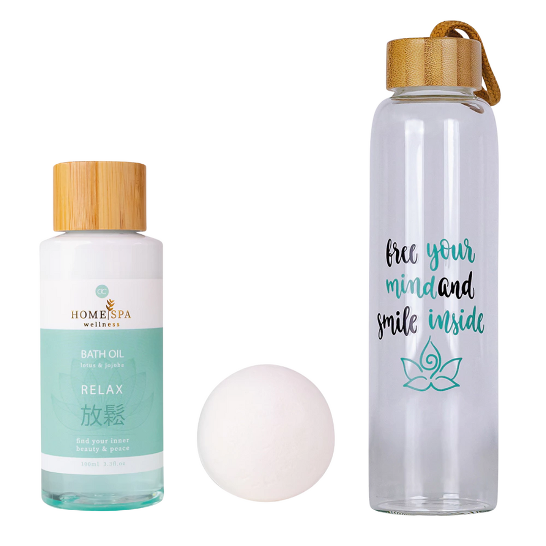 Geschenkset HOME SPA - Lotus & Jojoba - Badeöl, Badebombe und Glas-Trinkflasche