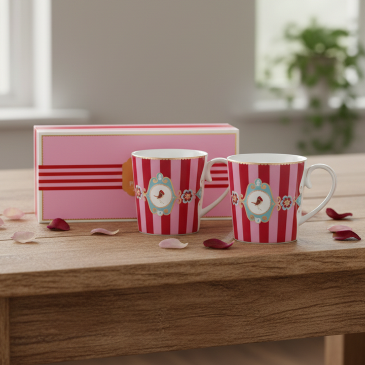 Tassen groß 2er-Set LOVE BIRDS MEDALLION Stripes RED