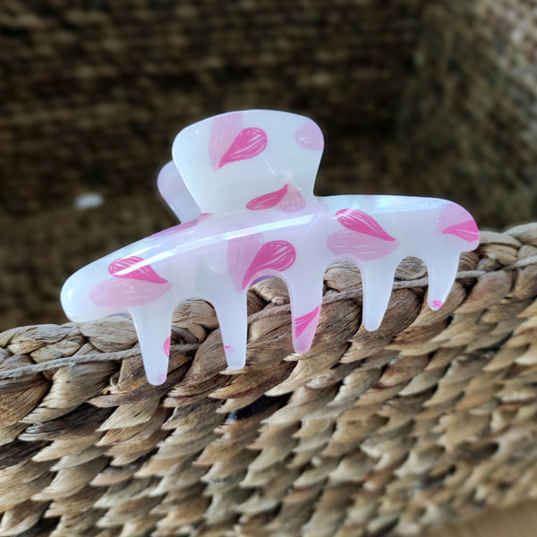 Haarklammer Weiß mit pinken Herzen & Blättern – Romantisches Haaraccessoire