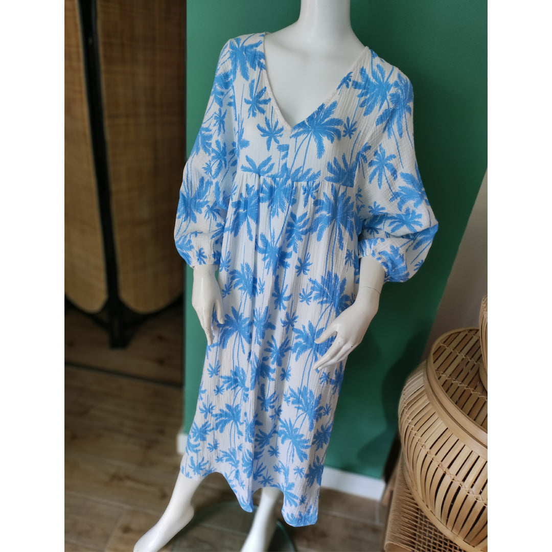 Boho-Maxikleid - Musselinkleid mit Palmenmuster - 3 Farben