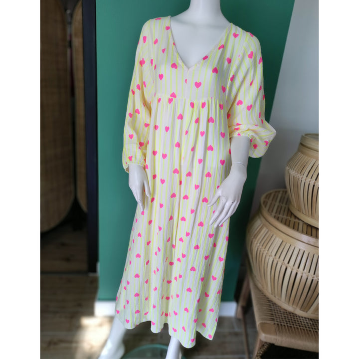 Boho-Maxikleid - Musselinkleid mit Streifen & Herzen - 2 Farben