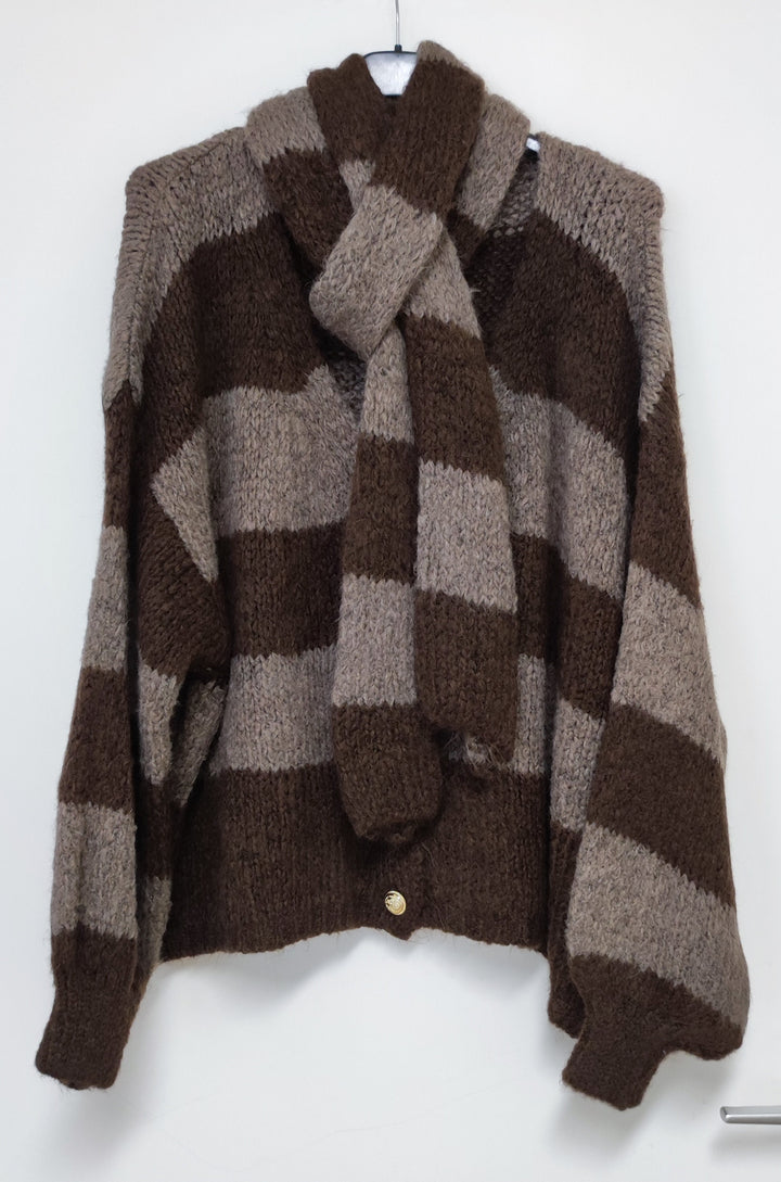 Cardigan - Strickjacke - Set mit Schal - hellbraun-dunkelbraun gestreift