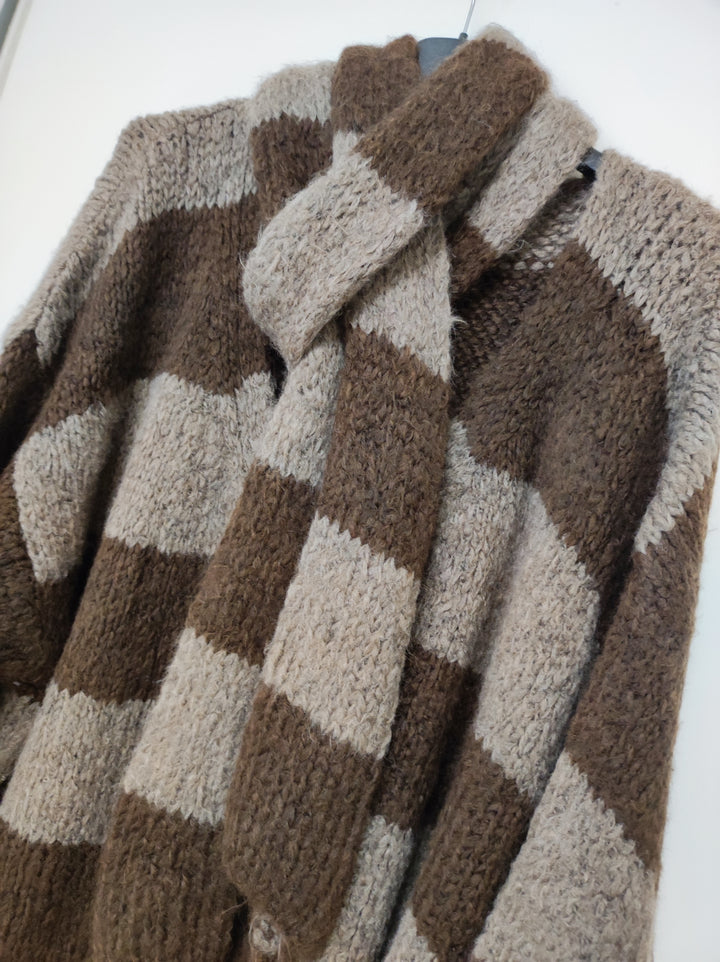 Cardigan - Strickjacke - Set mit Schal - hellbraun-dunkelbraun gestreift