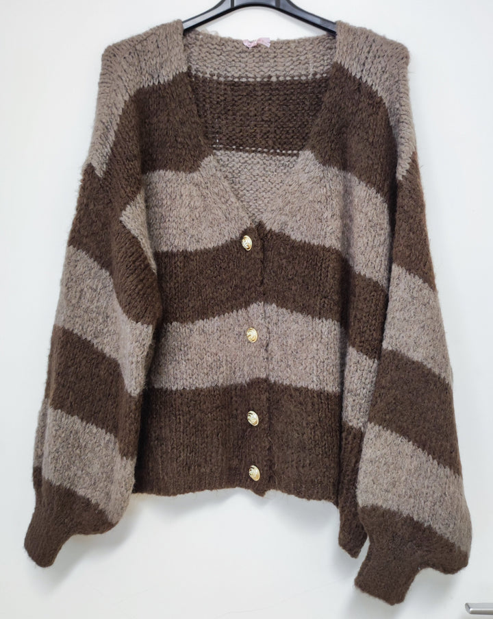 Cardigan - Strickjacke - Set mit Schal - hellbraun-dunkelbraun gestreift