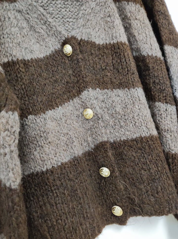 Cardigan - Strickjacke - Set mit Schal - hellbraun-dunkelbraun gestreift