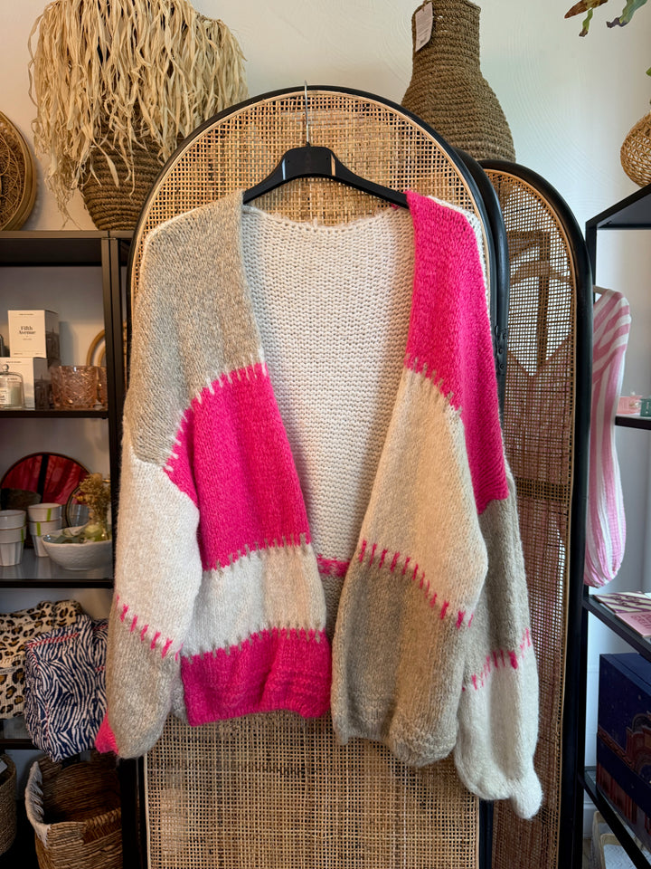 Cardigan / Strickjacke - weiß beige pink