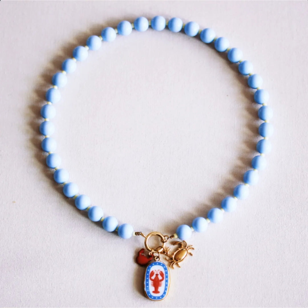 Halskette - Miyuki-Perlenkette XL - Hellblau/Gelb mit Charms