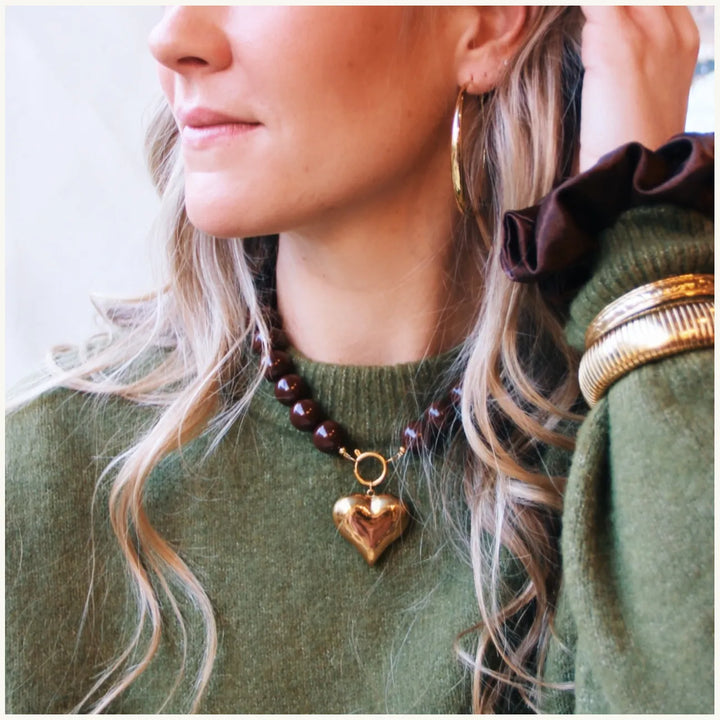 Halskette - Charm HEART Gold - Perlenkette XXL Dunkelbraun