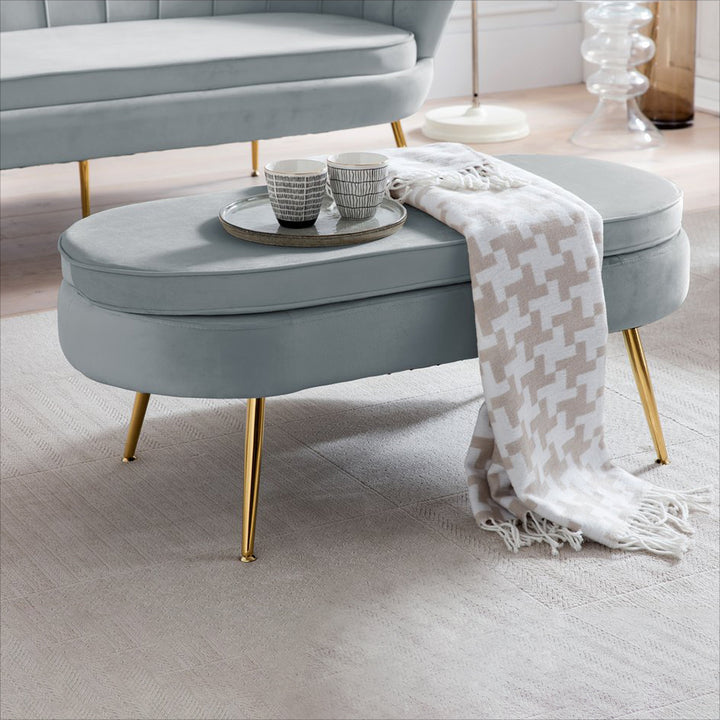 Hocker ARIELLE - Sitzbank - Oval Samt Hellgrau
