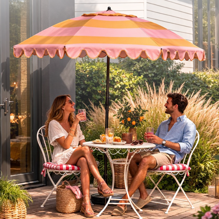RETRO Sonnenschirm mit Wellenkante - Rosa-Gelb