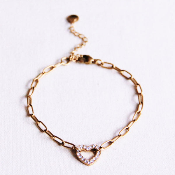 Armband - D-Chain Glieder - Charm HEART Strass - Gold