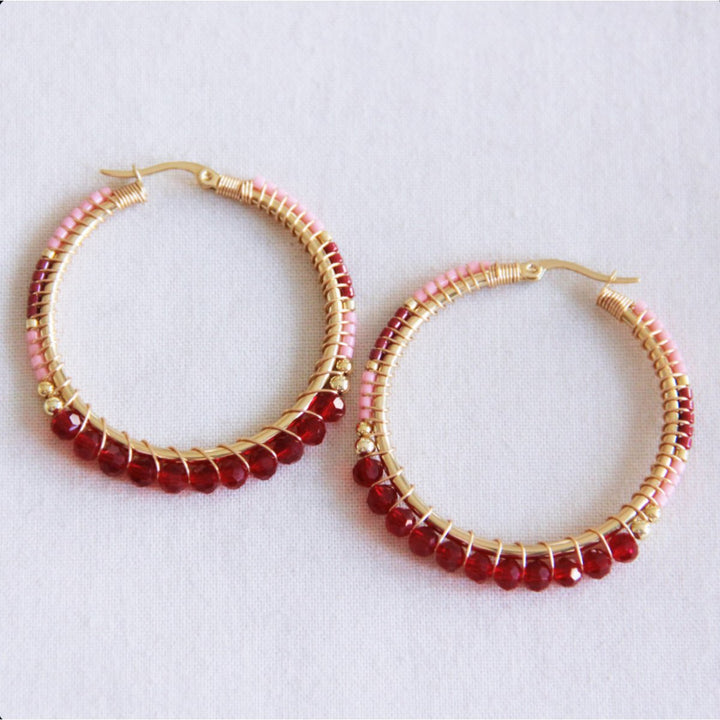 Ohrringe - facettierte Miyuki Perlen - Creole Rot/Rosa