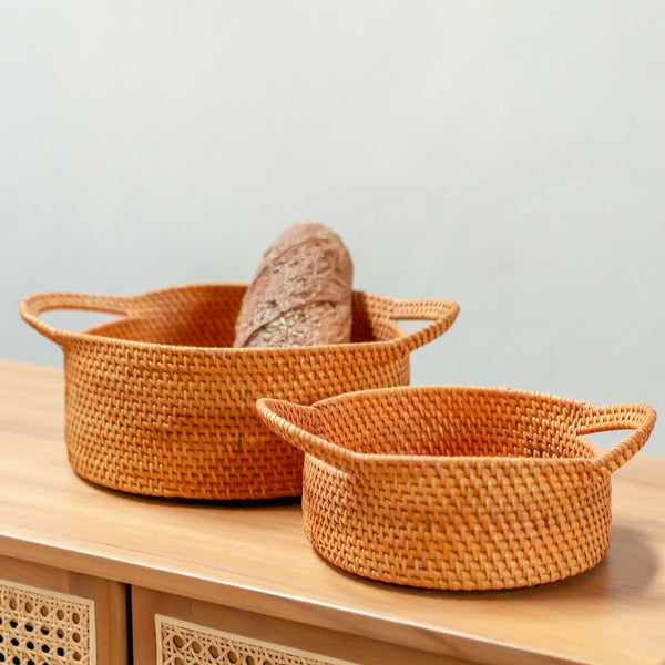 Boho Dekokorb mit Griffen SUWARI - Handgefertigter Brotkorb oder Obstschale