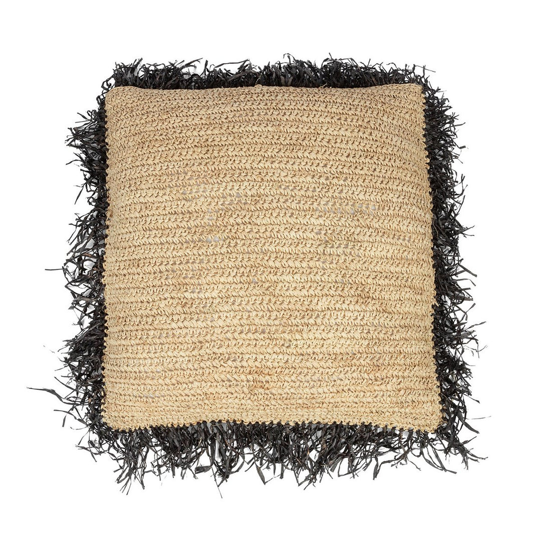 RAFFIA Kissenbezug mit schwarzen Fransen - Bast Natur 60x60
