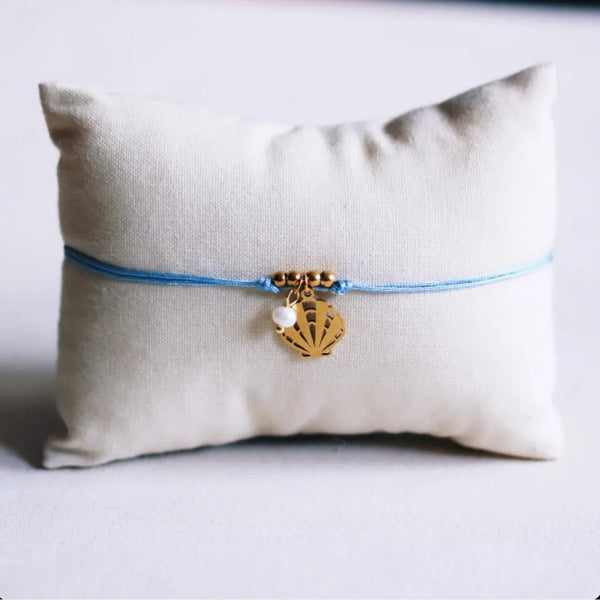 Armband - Satinband Charm Gold SHELL & PEARL - Hellblau
