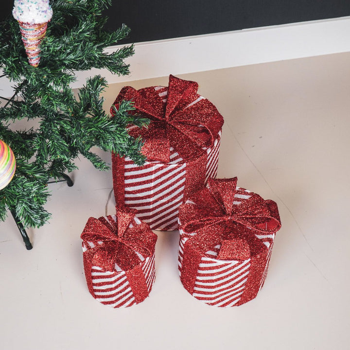 LED-Weihnachtsgeschenke – 3er-Set / rund – Rot/Weiß – 15/20/25 cm