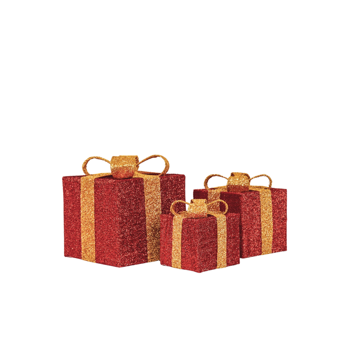 LED Weihnachtsdeko / Geschenkboxen – Rot/Gold – 3er-Set