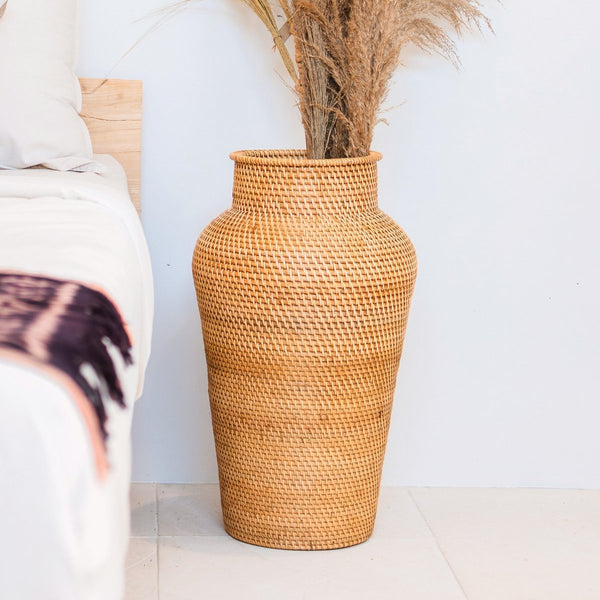 Handgefertigte Boho Vase mit Deckel KIDUNG - Korbvase - Dekovase - Bodenvase