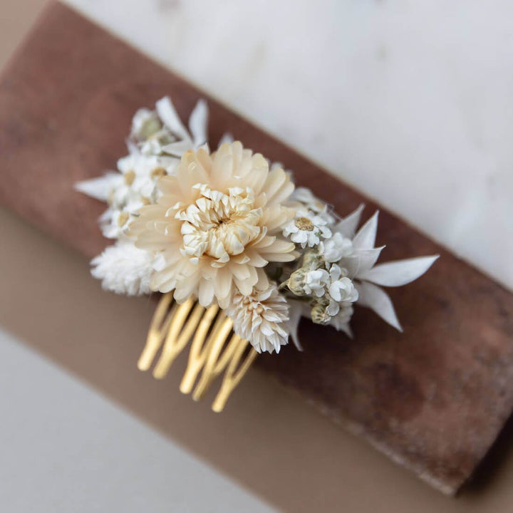 Haarkamm Trockenblumen mit weißen Gänseblümchen