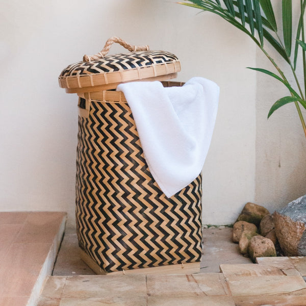 Handgefertigter Boho Korb mit Deckel NABIRE - Aufbewahrungskorb - Wäschekorb
