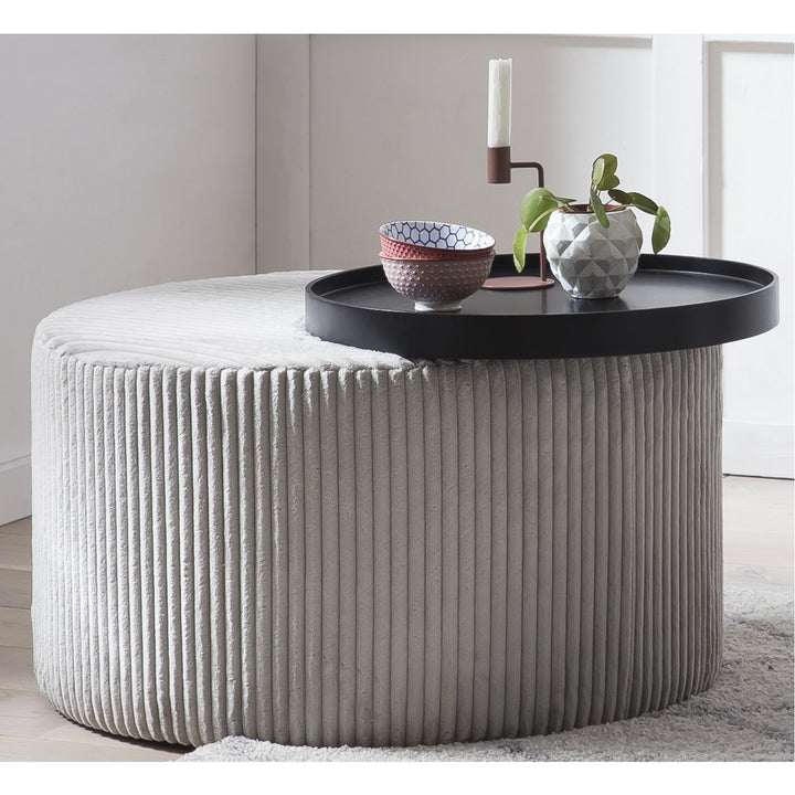Couchtisch BALDUR - runder Tisch mit Tablett Ablage - Cord Textur Grau