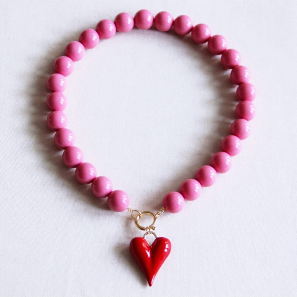 Halskette - Charm HEART Rot - Perlenkette XXL Rosa/Pink