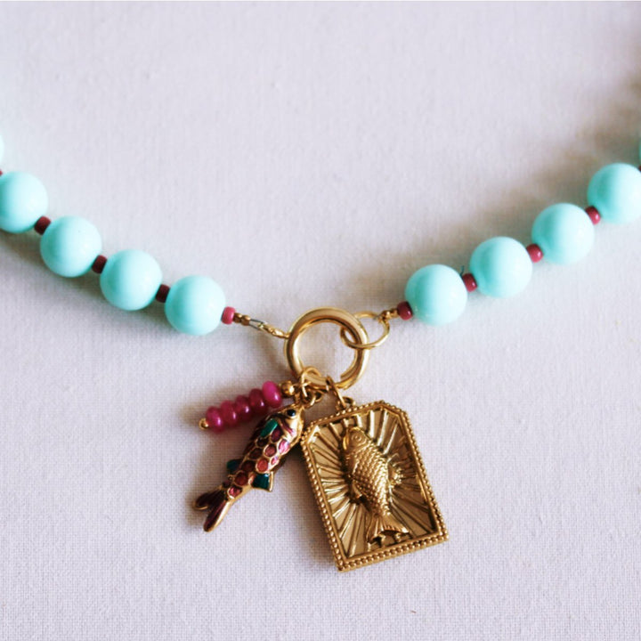 Halskette - Miyuki-Perlenkette XL - Mint/Kirschrot mit Charms