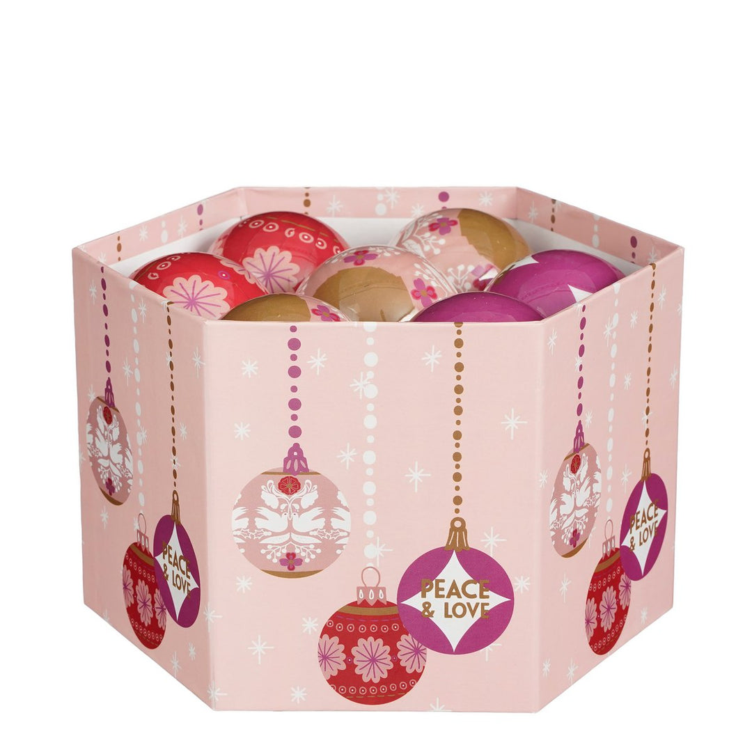 Geschenkset Weihnachtskugeln Peace & Love - 14 Stück - Ø8 cm - Pink